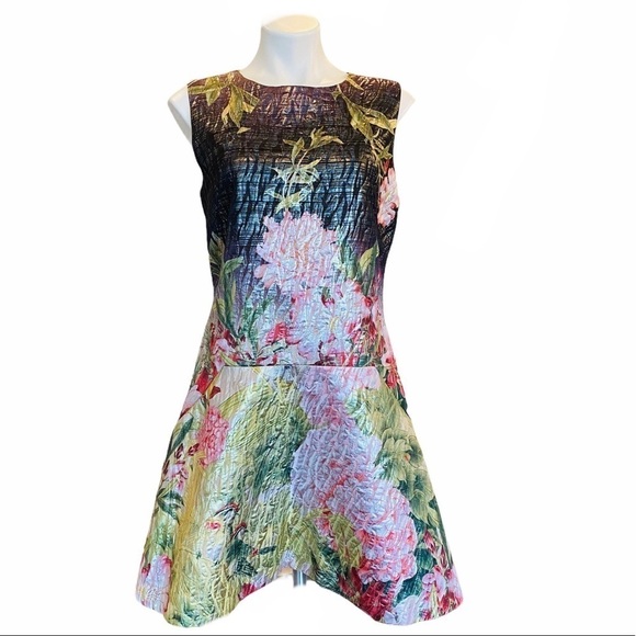 NATORI Birds Of Paradise Jacquard Shimmer Metallic Drop Waist Dress Size 10 NEW - Picture 5 of 12